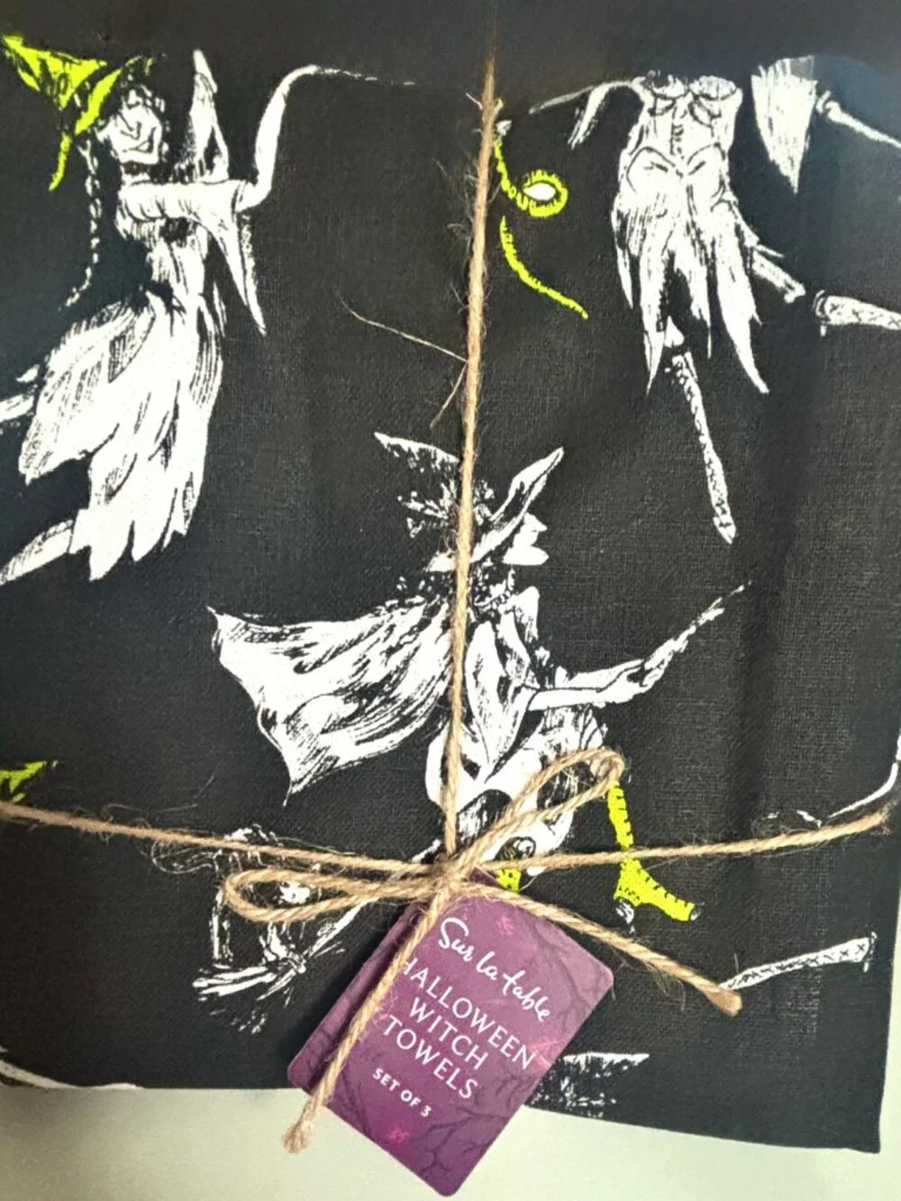 Sur La Table Halloween Tea Towels Set of 3 Featuring Vintage Witch Skeletons NEW